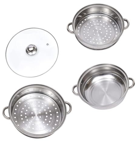 LALADEFIEE Edelstahl Dampftopf 28cm 3-lagiger Dampfgarer Mit Glasdeckel Verbrühungssicherer Griff Induktionsherd Geeignet Für Gemüse Knödel Reis
