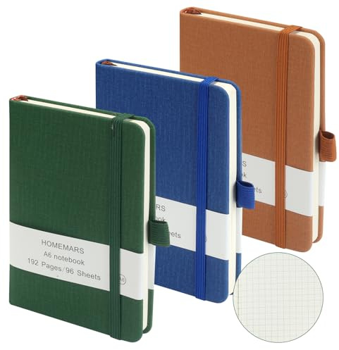 HOMEMARS A6 anteckningsböcker, grön blå brun, rutat, liten anteckningsbok, 14,4 cm x 9,6 cm anteckningsblock, 192 sidor, fickbok, resedagbok, 3-pack