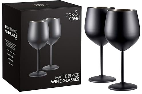 Oak & Steel - 2 elegantes copas de vino de acero inoxidable negro, 540 ml, juego de regalo de vidrio irrompible, para uso en interiores o exteriores, cumpleaños, fiestas en el jardín, camping y