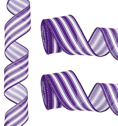 PATIKIL 12 Yardas x 2 Cinta Rayada, Cinta de Regalo Morada y Blanca con Alambre para Navidad Cumpleaños Boda Festival Coronas