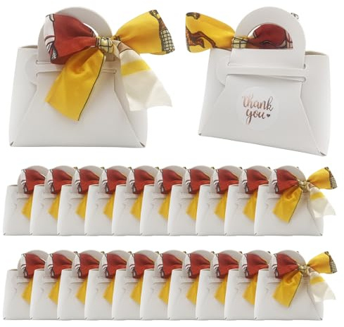 DUGYIRS 20 Pezzi Borse Regalo in Pelle PU con Nastro di Raso,Scatole Regalo Riutilizzabili per matrimoni,Compleanni,Baby shower,Caramelle(Bianco)