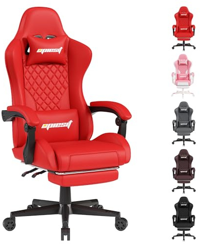 Opiesit Gaming Chair for Adults,Ergonomic Office Computer Chairs with Pocket Spring Cushion, PU Breathable Materials Video Game Chair, Linkage Armrest and Footrest Game Chairs (Red)