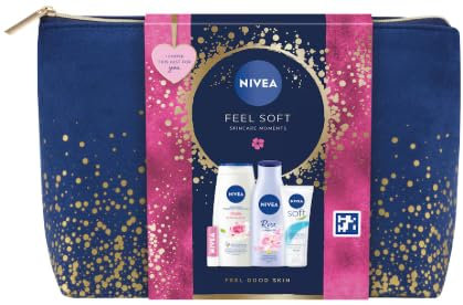 NIVEA Feel Soft Skincare Moment Gift Set Bag – Rose & Argan Oil Lotion 200ml, Rose & Almond Oil Shower Cream 250ml, Soft Moisturising Cream 75ml, Soft Rose Caring Lip Balm 4.8g