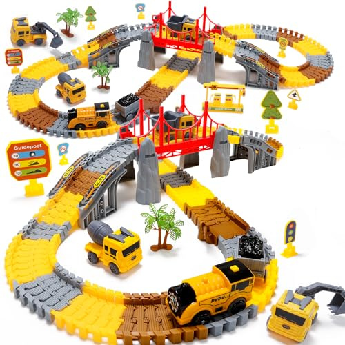 EagleStone Konstruktions Rennbahn Set für Kinder 206 Teile Flexibles Spielzeuggleis mit 1 Elektrischer Bahn Bagger Kipper Betonmischer DIY Eisenbahnspielzeug Construction Vehicle Track