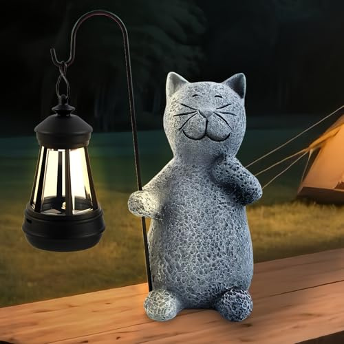 Fancysky Decoración de Estatuas Gato Jardín con Linterna Solar, Estatuas Decorativas Exteriores Intemperie, Balcones y Terrazas. Regalo para Mujeres, Mamás y Amantes de Los Gatos, Cumpleaños