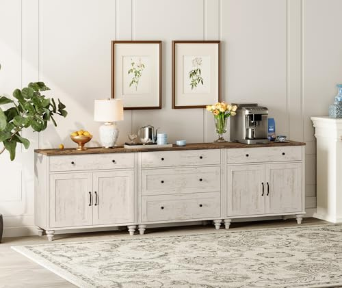 WAMPAT Sideboard Cabinet with 5 Drawers and 4 Doors, Vintage Wood Grain Design, Buffet Cabinet with Storage, Coffee Bar for Dinning Room, Kitchen and Living Room, 101 inch, Rustic White