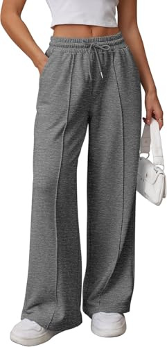 OLIPHEE Pantaloni Tuta Donna Larghi Lunghi con Tasche e Coulisse Pantaloni Donna Jogging Autunno con Elastico in Vita Tinta Unita Casual Yoga Sweatpants Baggy Grigio Scuro M