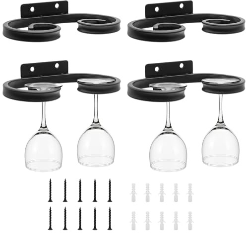 SAMGUYUE 4 Pcs Wall Mounted Wine Glass Rack Stemware, Metal Black Wine Cup Glasses Hanger Holder, Stemware Storage Organizer for Bar Kitchen Dining Room (6.77 Inch)
