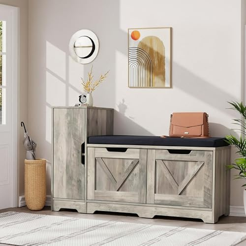 YITAHOME Panca Scarpiera da Ingresso, Scarpiera Ingresso con Sedia Rimborsata e Cuscino, Doppia Porta Scarpieras di Stoccaggio con Armadi Laterali, panca portascarpe, 105 x 37 x 65,5 cm, Grigio