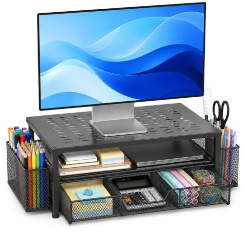 QIQN Support de moniteur avec tiroir, Support d'écran avec tiroir | Support de moniteur rehausseur d'écran pour ordinateur, ordinateur portable, PC, imprimante, charge maximale de 20 kg, noir