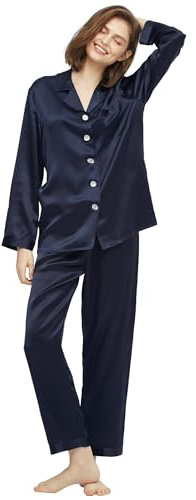 LilySilk Pijama de seda para mujer, cómodo, clásico, 2 piezas, ropa de dormir de manga larga, 100% seda natural morera pura, ropa de descanso para mujer, azul marino, L
