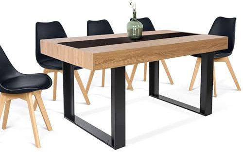 IDMarket - Table à Manger Rectangle Phoenix 6 Personnes Bois et Noir Bande Centrale Noire 160 cm