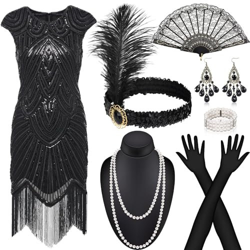 Alintor 20er Jahre Kostüm Damen, Gatsby Kleid Mit Accessoires, Charleston Flapper Kleid, Karneval Faschingskostüm, Peaky Blinders