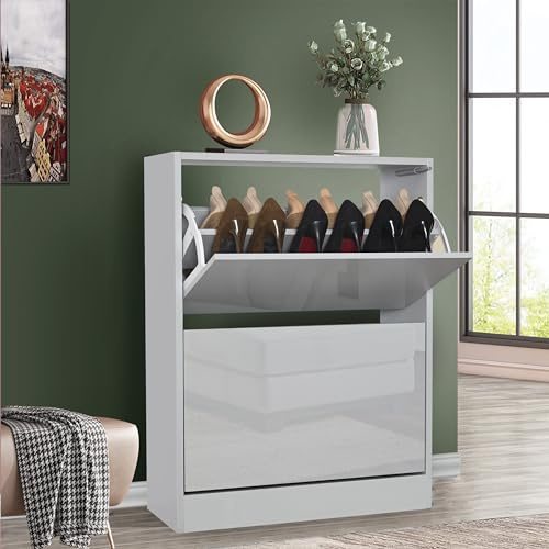 High Gloss Shoe Storage Cabinet for Hallway shoe cupboard with 2 Drawer Shoe Rack 2 Tier Storage Cabinet Freestanding Footwear Stand for Hallway, Entryway, Living Room, 60W x 24D x 80H cm