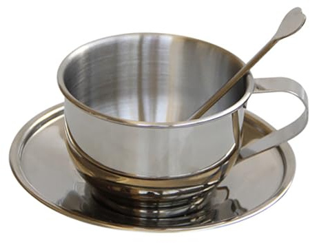 A ANTCAM Juego de 3 tazas de café de acero inoxidable, taza de té vintage europea dorada con cuchara y platillo para café, café con leche, té, leche (plata)