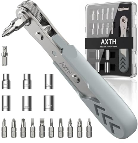 AXTH 17-i-1 professionell spärrskruvmejselsats, [bärande stål] 36-tandad mini-spärrnyckel, låg profil spärrhake höger vinkelskruvmejsel, magnetisk offsetskruvmejsel reparera möbler och mer