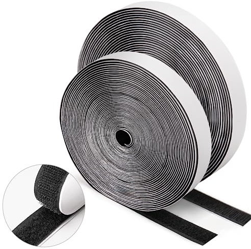 WISYOK Kardborreband 12M x 20mm, Självhäftande Extra Stark Kardborrefästsats, Dubbelsidig Tejp Med Kardborreband, Dyna Fluffband och Krokband - Svart