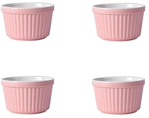 UIOPPOI Solid Color Ceramic Ramekins Bowls Set of 4,Porcelain 5oz Stripes Souffle Ramekins Dish Creme Brulee Ramekins Baking Dish Set for Custards, Pudding 9x5cm pink