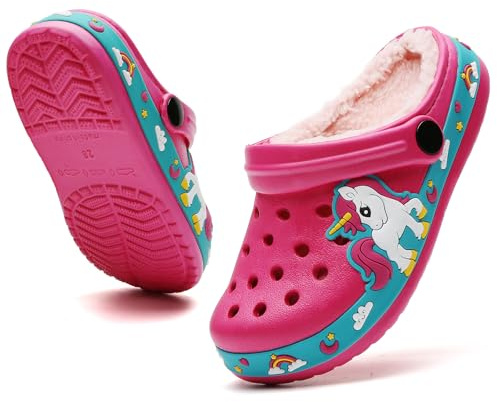 CERYTHRINA Zuecos de jardín con Forro de Piel para niños: Sandalias de Dibujos Animados, Pantuflas cálidas de Invierno para niños y niñas pequeños Rosa roja 29