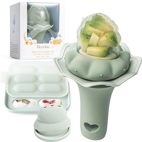 Moonkie succhietto per bambini con vassoio per congelatore, 1 pezzi, per 4 mesi in su, sacchetti di due dimensioni, manico con sonaglio, silicone senza BPA