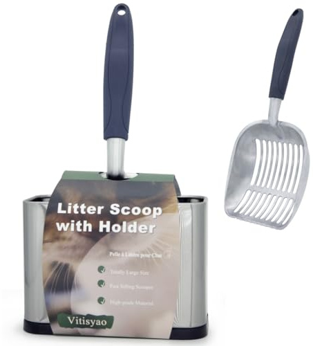 Vitisyao Full Metal Cat Litter Scoop with Holder, Stainless Steel Cat Litter Scooper Holder, Aluminum Kitty Scoop Captures All Clumps, Heavy Duty Kitty Metal Scooper with Non-Slip Handle