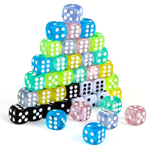 GWHOLE 40 stycken tärningar färgglada set 6-sidig, 14 mm transparent kub standardkub spelkub dice set för tärningsspel, 8 färger