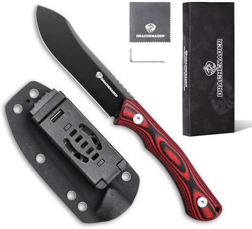 DRACHENADER Cuchillo Supervivencia Red-Rock, Full Tang para Exteriores, Hoja 10, 3 cm de Acer D2, Nessmuk con Funda Kydex