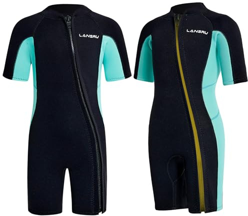Lansru Combinaison Courte en néoprène SCR de 2,5 mm pour Enfants avec Protection UV, Fermeture éclair Oblique à l'avant, Garde Les Adolescents au Chaud dans l'eau Froide