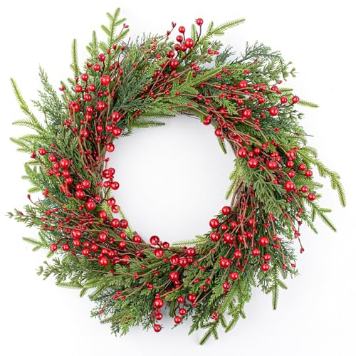 DIYFLORU 20 Inches Classic Christmas Wreath Rustic Christmas Wreaths for Front Door Xmas Winter Wreath with Green Norfolk Pine Needle Red Berry for Door Window Porch Wall Indoors Outside