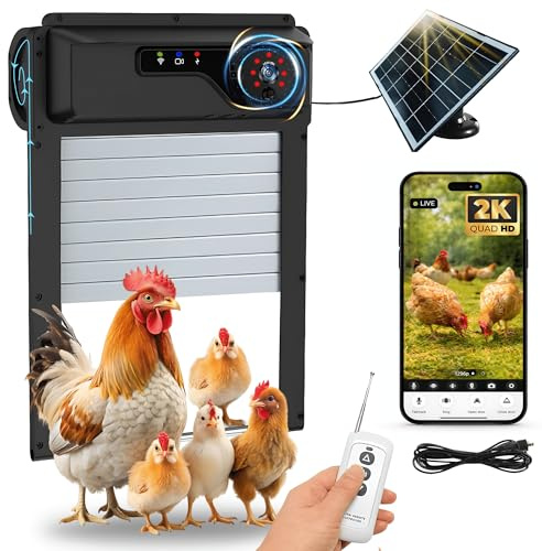 Automatic Chicken Coop Door Solar Powered with Camera Remote App - Battery Powered Chicken Coop Door with Night Vision Motion Sensor Safety Mechanism - Predator Protected Electric Gate Opener for Hens