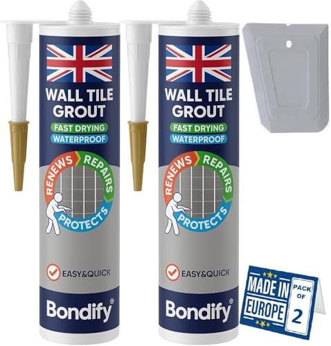 BONDIFY Waterproof Wall Tile Grout Grey Cartridge Ready Mixed 450g x 2PCs FAST DRYING Anti Mould Wall Grout Repair Kit Grey, Grout Reviver for Shower, Bathroom, Kitchen, Quick Drying Tile Gap Filler