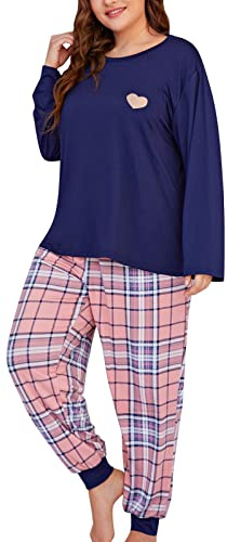 Leaomuny Pigiama Cotone Invernale Donna Caldo Felpato Felpa e Pantaloni Lunghi Set Pyjamas da Notte Elegante Morbido Lounge Sleepwear a Quadri Curvy Pigiami Due Pezzia Abbigliamento da Casa
