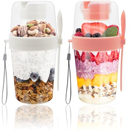 Wieat 2 pcs Yoghurt Pots, Breakfast Pots, Granola and Yoghurt pot, Overnight Oats Jar with Lid and Spoon, Portable Cereal and Milk Container for School, Office, Pink & White