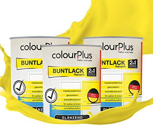 colourPlus® 2en1 Pintura de color (2,25L, RAL 1021 amarillo colza) brillante pintura acrílica - pintura para juguetes infantiles - pintura de madera - pintura de interior, tinte de madera