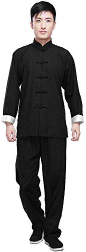 G-LIKE Kung Fu Herren Anzug - Traditionelle Chinesische Kampfkunst Tai Chi Qigong Wing Chun Shaolin Wushu Lange Ärmel Training Freizeit Kleidung Uniform Jacke Hose (Schwarz, XXL)