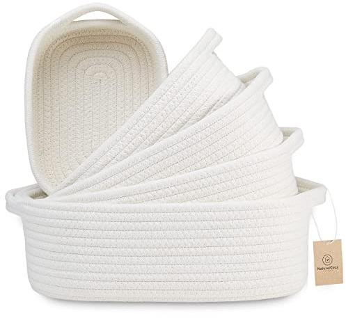 NaturalCozy 5-Piece Rectangle Storage Basket Set- Natural Cotton Rope Woven for Organizing! Small Basket for Montessori, Baby Nursery, Dog Toy Baskets, Cat Toy Box, Bathroom Organization Bin
