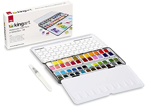 KINGART PRO Artist, Tin Box with Water Brush Watercolor Half-Pans, 48 Vibrant Colors Piece