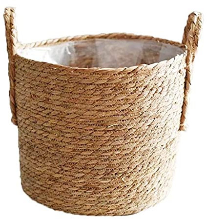 FOUTP Diamètre de 20 cm/27 cm/30 cm panier de jardinière en herbe de mer, couvercle de pot de plante tissé à la main avec doublure en plastique étanche pour la décoration de la maison de balcon (20cm)