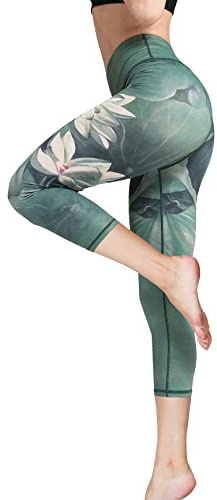 FLYILY Women's Capris Sports Leggings Running Tights High Waist Bandage Stretch Fitness Yoga Pants (Green, L)