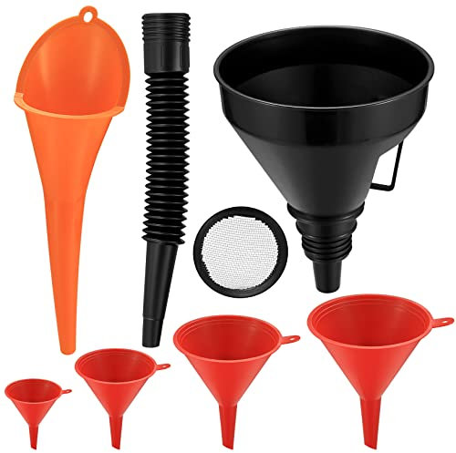 6 Stück Einfülltrichter Set, rechtwinkliges flexibles Kunststoff Trichter Set, Universal Auto Benzin Kraftstoff Trichter mit abnehmbarem Auslauf und langen Trichtern – Rot/Orange/Schwarz