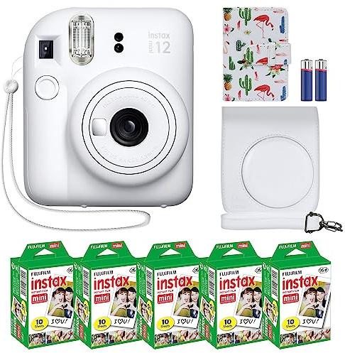 Fujifilm Instax Mini 12 Instant Camera + MiniMate Accessory Bundle & Compatible Custom Case + Fuji Instax Film Value Pack (50 Sheets) Flamingo Designer Photo Album (Clay White)