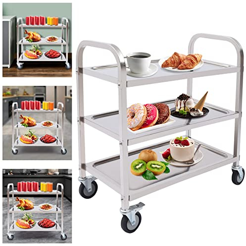 Carro de servicio de acero inoxidable con ruedas, carrito de cocina, carrito de cocina, carrito de transporte, carrito multiusos, servicio de comida, color plateado, 3 niveles, 4 ruedas (75 x 40 x