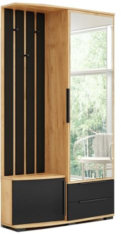 BM-Möbel B&M Furniture Garderobe Loft Rechts - mit Sitzgelegenheit, Kleiderständer und Spiegel - Loft-Stil - 100x35x190 cm - Korpus in Craft Gold, Fronten in Schwarz/Craft Gold, Gepolsterte Paneele