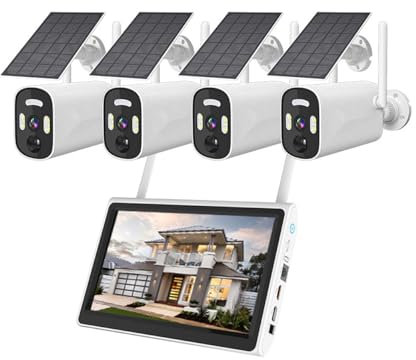 AKAVIG Sistema de cámara de Seguridad con energía Solar de 4 Canales para Exteriores de 4 MP con Monitor LCD, Kit NVR de vigilancia inalámbrico WiFi con visión Nocturna en Color, Audio bidireccional