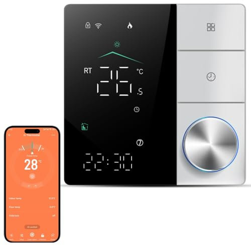 Irishom 2024 Mejorada AI Termostato WiFi Calefacción de Eléctrica, con Aprendizaje Inteligente AI/Control de Aplicaciones/Pantalla táctil Digital LED-Negro y Blanco