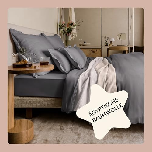Amqua Bettwäsche Satin 240x220 mit Kissenbezug 40x80 in Dunkelgrau | Wie Seide aus Ägyptischer Baumwolle