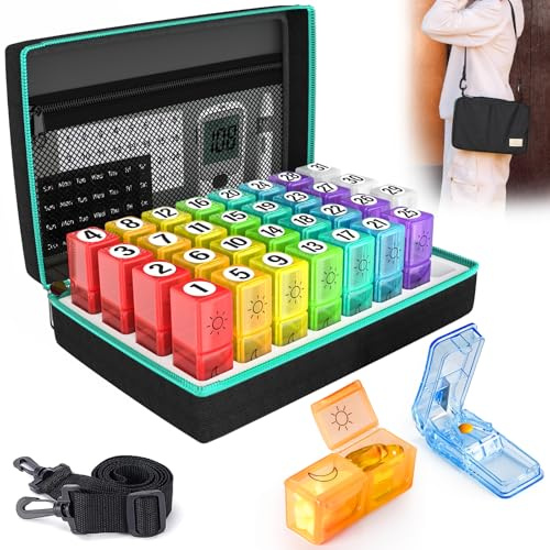 Yaklim Monthly Pill Box Organiser 2 Times a Day with Tablet Cutter, Rainbow | 31-day AM/PM compartments holding 12 capsules each, soft travel bag with shoulder strap and mesh pocket, includes pill cutter
