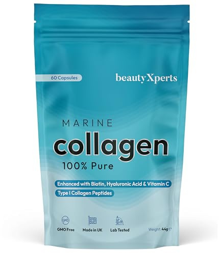 Marine Collagen Capsules | with Biotin, Hyaluronic Acid & Vitamin C | High Strength Pure Collagen Peptides Supplements for Women and Men | 60 Capsules (Not Tablets or Powder)