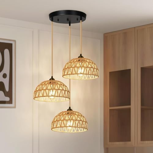 Suspension en rotin 3 lumières Longueur réglable Lustre en panier Luminaire suspendu Boho avec panier tissé à la main Lampe de plafond de ferme pour salon Chambre Éclairage suspendu noir industriel