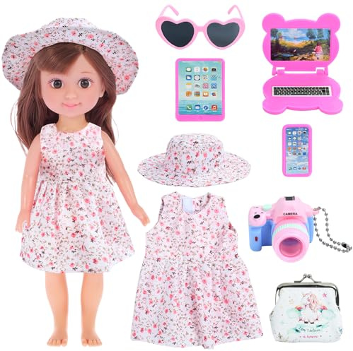 Vêtements de Poupée, Vêtements de Poupée de Voyage d'été, pour Poupées 35-45cm Accessoires avec Jolie Robe et Chapeau Caméra Lunettes de Soleil, Cadeaux pour Filles, Enfants